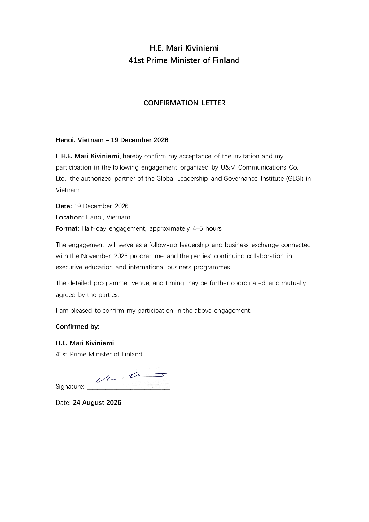 Signed confirmation letter for H.E. Mari Kiviniemi's participation in Hanoi on 19 December 2026