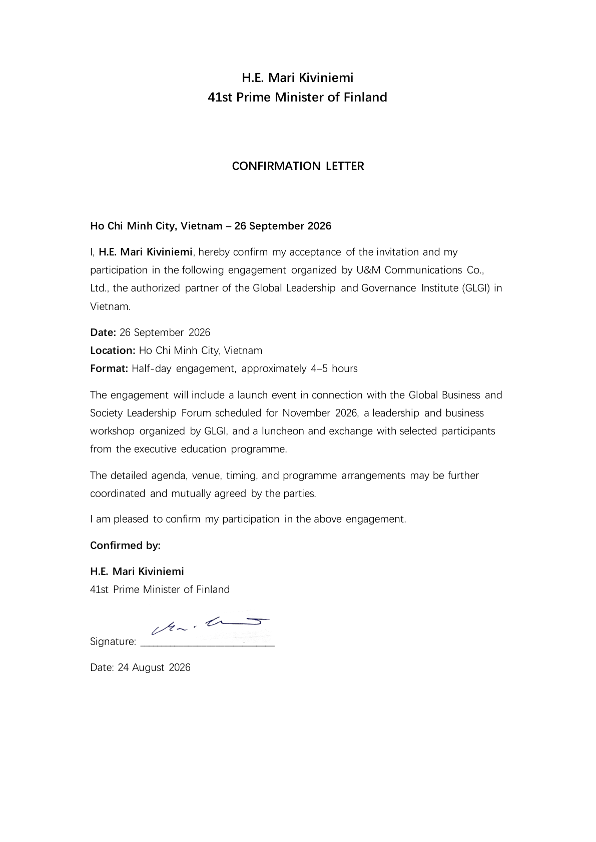 Signed confirmation letter for H.E. Mari Kiviniemi's participation in Ho Chi Minh City on 26 September 2026